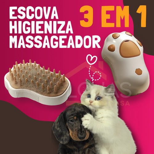 Escova De Vapor Para Pelo Gatos Cachorros Pet Patinha 3 Em 1