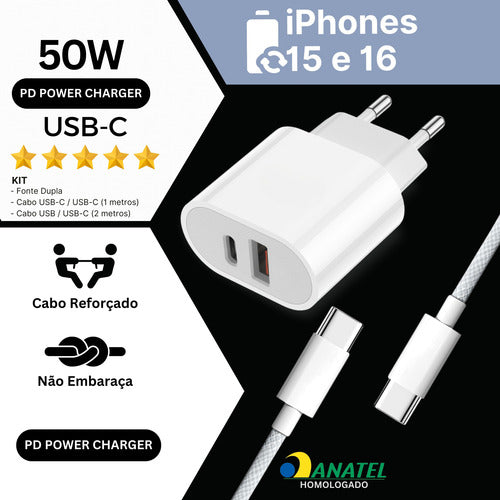 Fonte Carregador Duplo 2 Cabo 1m E 2m P/ iPhone 15 16
