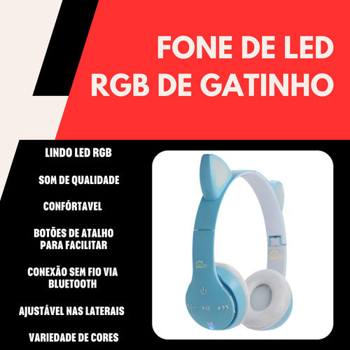 Fone De Ouvido Crianças Orelha De Gatinho Bluetooth Led Rgb