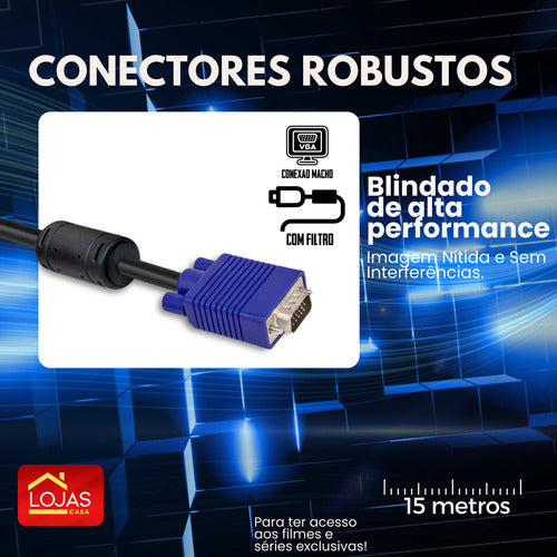 Cabo Vga Blindado 15m Lojas Casa Alta Resolução Azul Conector Macho