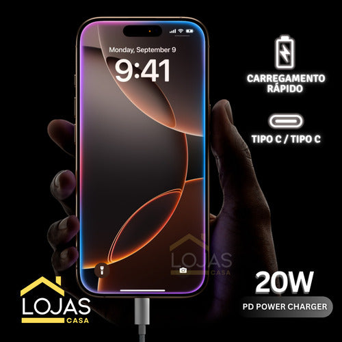Carregador Automotivo + Cabo Para iPhone 16 E 15 Tipo C 20w