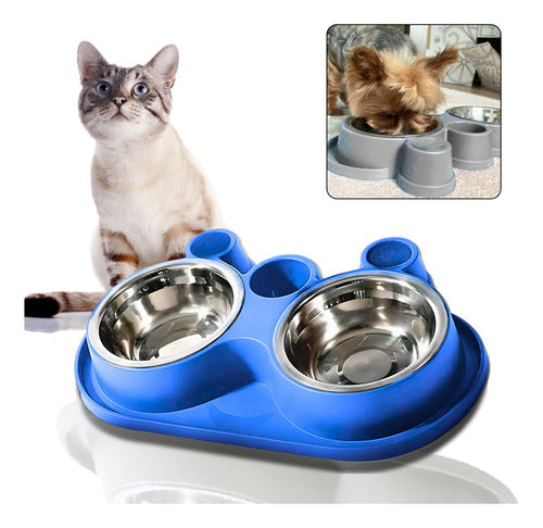 Comedouro E Bebedouro Com Petisqueira Cão/gato Tigelas Inox