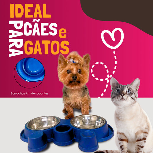 Comedouro E Bebedouro Com Petisqueira Cão/gato Tigelas Inox