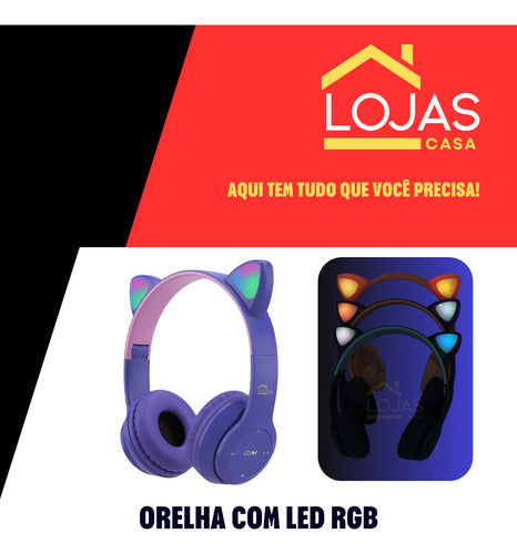 Fone De Ouvido Infantil Orelha De Gatinho Bluetooth Led  Rgb
