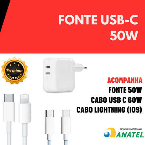 Carregador 50w Usb-c Duplo Para iPhone 16 15 14 13 11 2xcabo