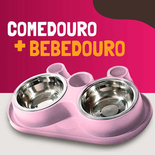 Comedouro E Bebedouro Com Petisqueira Cão/gato Tigelas Inox