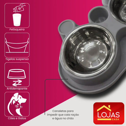 Comedouro E Bebedouro Com Petisqueira Cão/gato Tigelas Inox