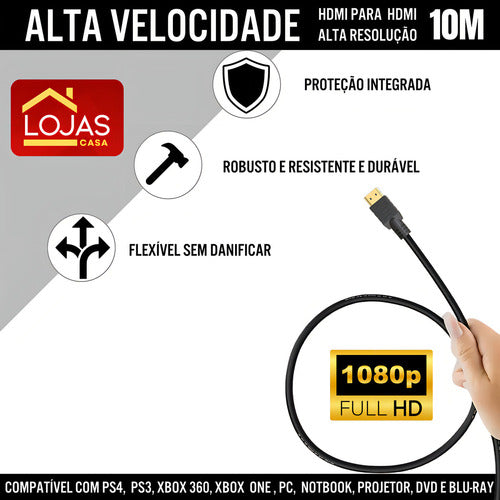 Cabo Hdmi Alta Velocidade 10m Preto Ethernet 1080p Tv Ps3 Ps4 Xbox Pc Lojas Casa