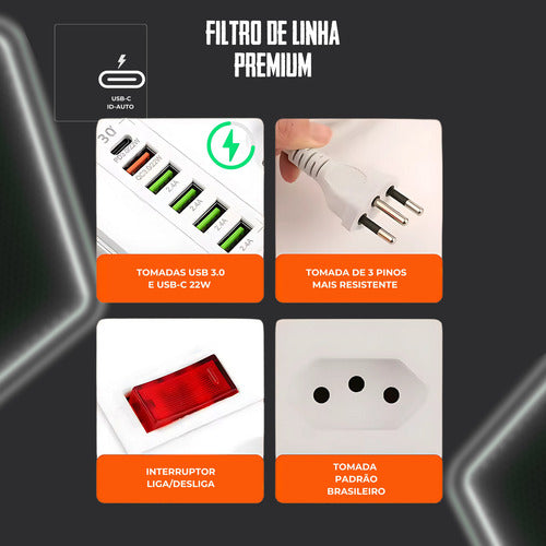 Filtro De Linha Régua Extensão 6 Tomadas Hub Tipo C E 6 Usb