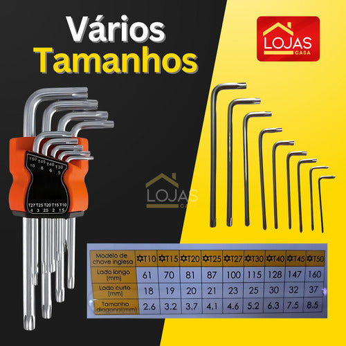 Jogo De Hexalobular Chaves L Torxs Longa 9 Peças T10 Até T50