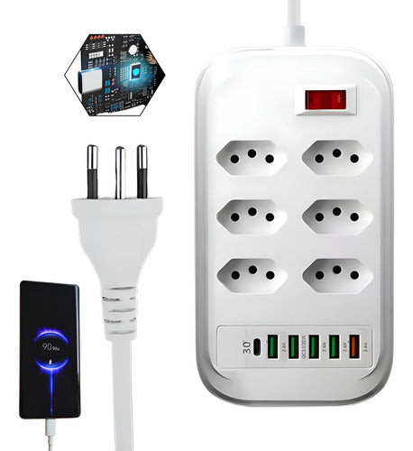 Filtro De Linha Régua Extensão 6 Tomadas Hub Tipo C E 6 Usb