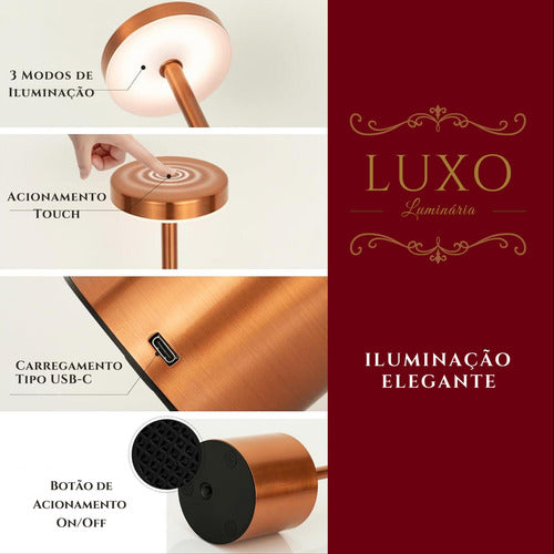 Luminária Abajur Touch Led Portátil S/ Fio Recarregável Luxo
