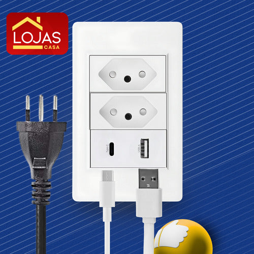 Tomada Dupla Fonte Carregador Universal Usb C + A Parede Duo