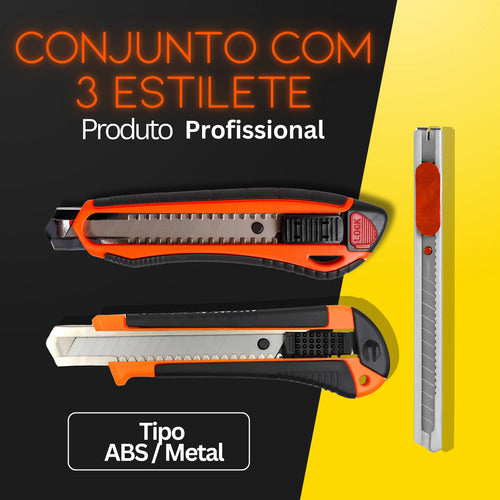 Kit 3 Estilete Profissional 18mm Com Trava 3 Lâminas Reserva