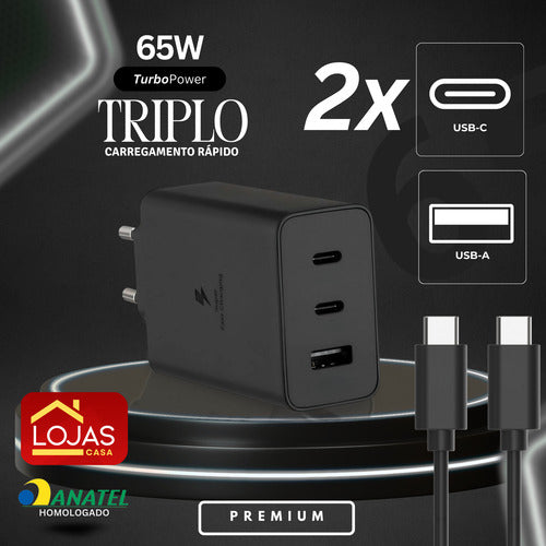 Carregador 65w Usb-c Triplo Para Moto Edge, Razr, G84, G73 G