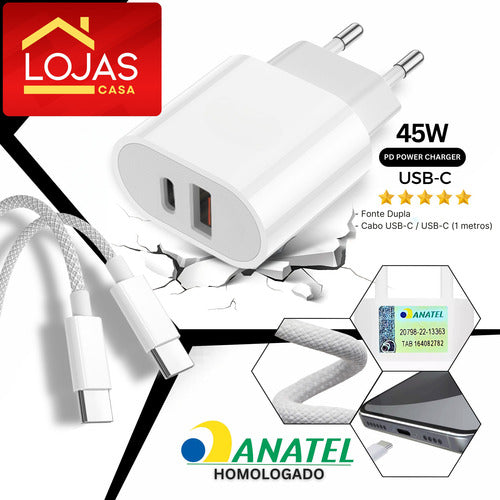 Fonte Carregador Duplo Turbo 50w + Cabo Tipo C Para Xiaomi