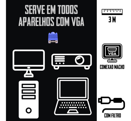 Cabo Vga 3 Metros Macho Monitor Projetor Pc Tv Profissional