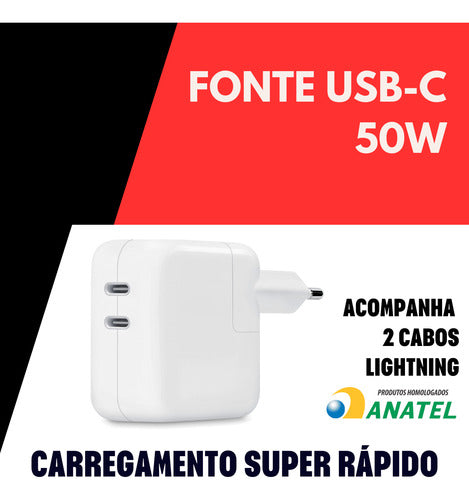 Carregador 50w Duplo Para iPhone 11 13 14 Pro Max + 2 Cabos