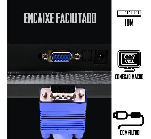 Cabo Vga Com Filtro Pc Notebook Monitor Alta Resolução 10m