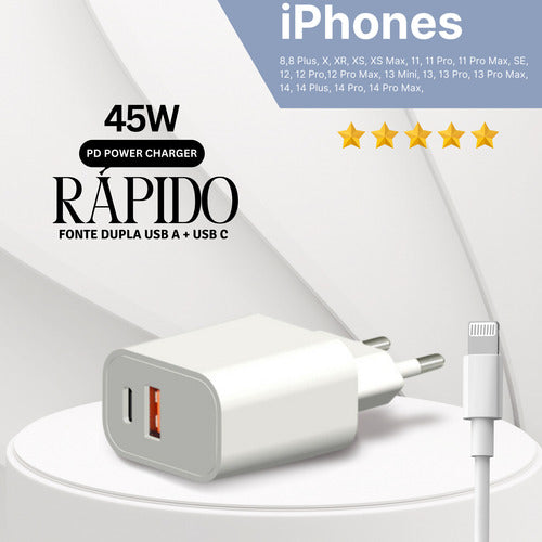 Fonte Carregador Duplo + Cabo 45w P/ iPhone XR 11 12 13 14