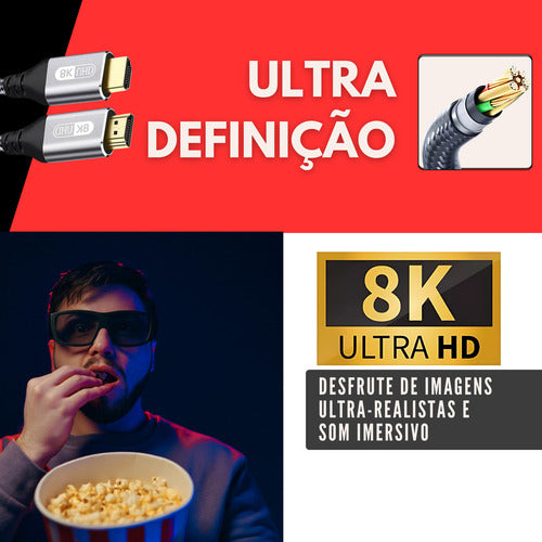 Lojas Casa Cabo Hdmi 2.1 8k Gold Ultra Hd Para Tv Projetor 2m 4k Cinema Premium Alta Qualidade Cinza