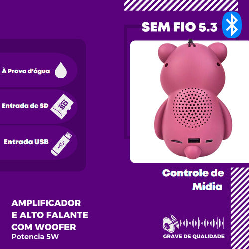 Caixa De Som Woofer Grave Sem Fio Ursinho Fofo Prova D'água