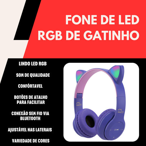 Fone De Ouvido Infantil Orelha De Gatinho Bluetooth Led  Rgb