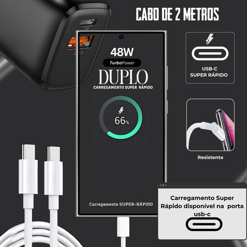 Carregador Duplo 48w Para Samsung 2 Cabos Super Fast 2m E 1m