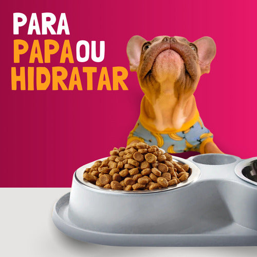 Comedouro E Bebedouro Com Petisqueira Cão/gato Tigelas Inox