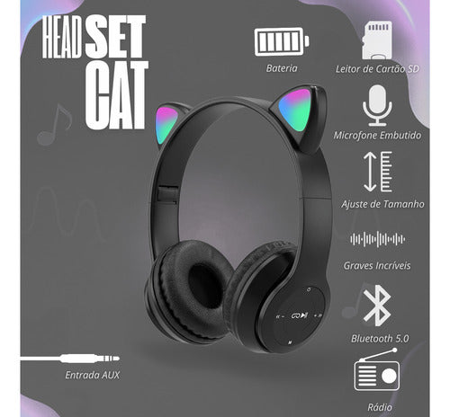 Fone De Ouvido Infantil Orelha De Gatinho Bluetooth Led  Rgb