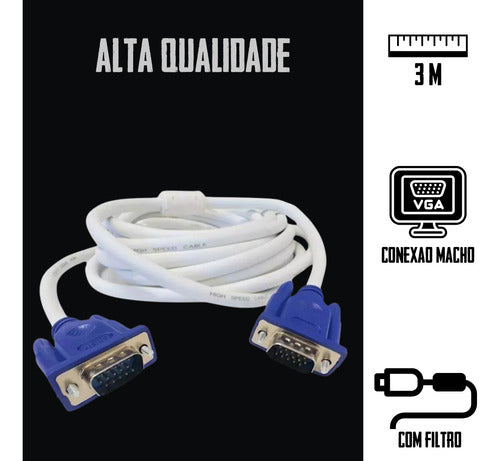 Cabo Vga 3 Metros Macho Monitor Projetor Pc Tv Profissional