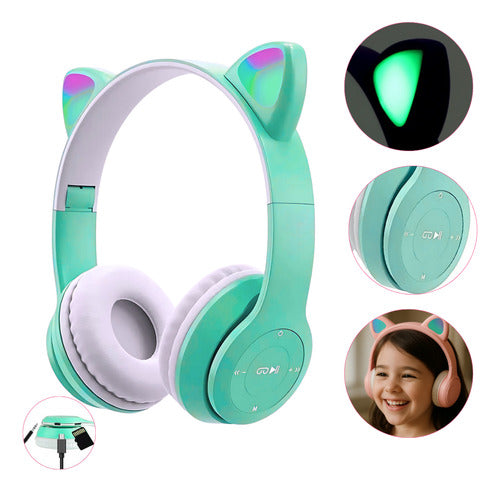 Fone De Ouvido Infantil Orelha De Gatinho Bluetooth Led  Rgb