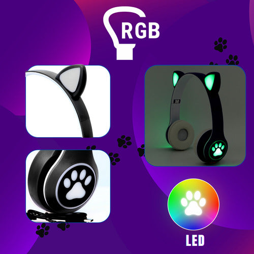 Fone De Ouvido Gatinho Fofinho Bluetooth Led Cat Headset
