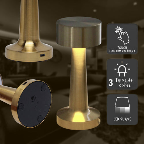 Luminária Abajur Touch Led Portátil S/ Fio Recarregável Luxo