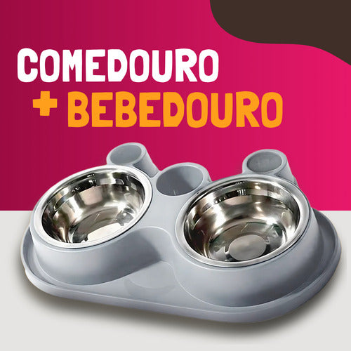 Comedouro E Bebedouro Com Petisqueira Cão/gato Tigelas Inox