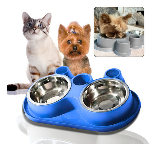 Comedouro E Bebedouro Com Petisqueira Cão/gato Tigelas Inox