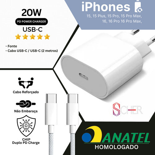 Fonte Carregador + Cabo Usb-c  2 Metros Para iPhone 15 E 16