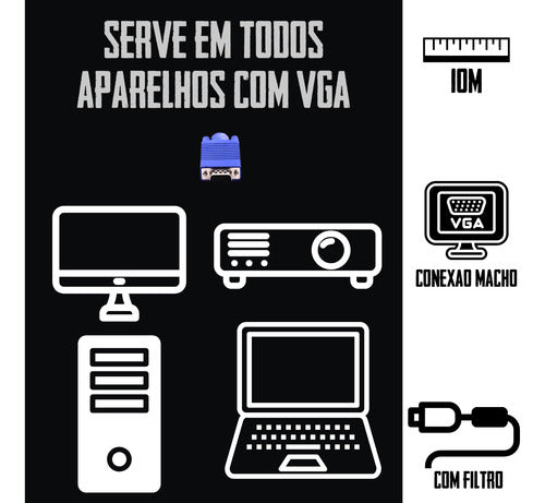 Cabo Vga Com Filtro Pc Notebook Monitor Alta Resolução 10m