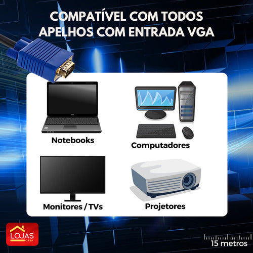 Cabo Vga Blindado 15m Lojas Casa Alta Resolução Azul Conector Macho