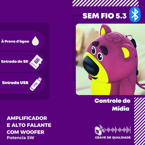 Caixa De Som Woofer Grave Sem Fio Ursinho Fofo Prova D'água