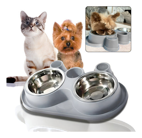 Comedouro E Bebedouro Com Petisqueira Cão/gato Tigelas Inox