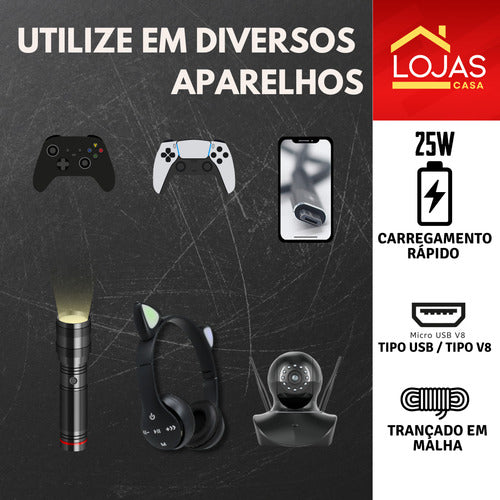Cabo Recarga Controle Ps4 Usb V8 Trançado Resistente Tático