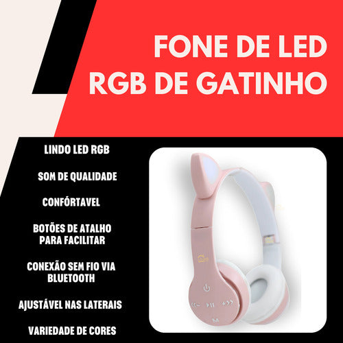 Fone De Ouvido Crianças Orelha De Gatinho Bluetooth Led Rgb