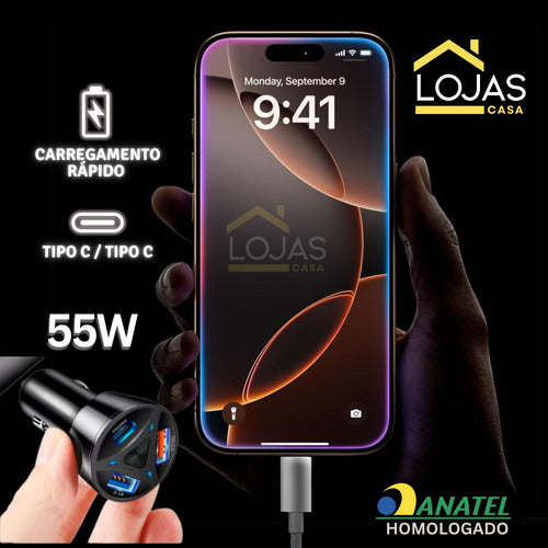 Carregador Veicular Turbo 55w Usb-c Duas Usb-a Triplo Luxo