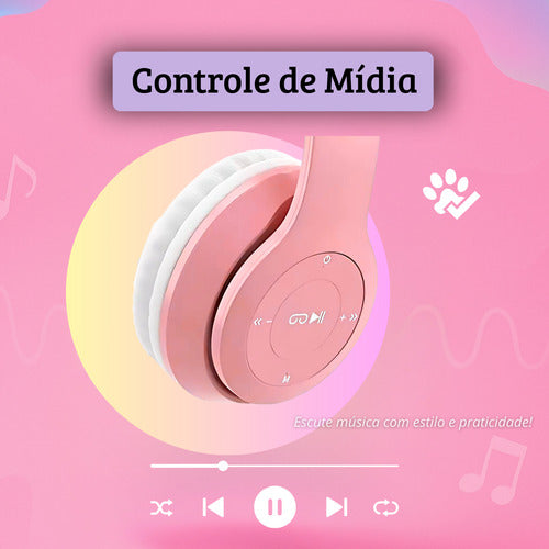 Fone De Ouvido Infantil Orelha De Gatinho Bluetooth Led  Rgb