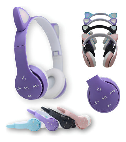 Fone De Ouvido Crianças Orelha De Gatinho Bluetooth Led Rgb