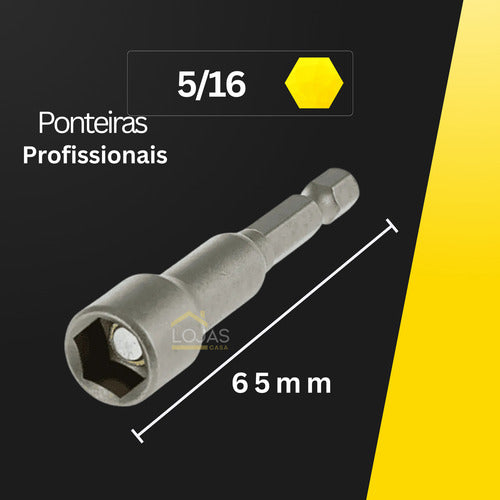 Kit 5 Ponteiras Bits Soquete Canhão Sextavado 5/16 Parafusad