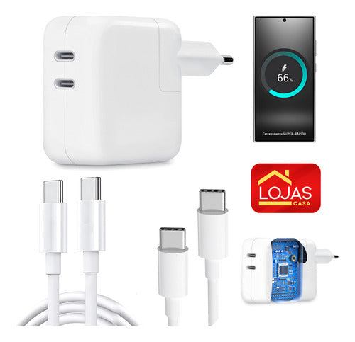 Carregador Duplo 50w Usb C + 2 Cabos 2m Samsung Motorola