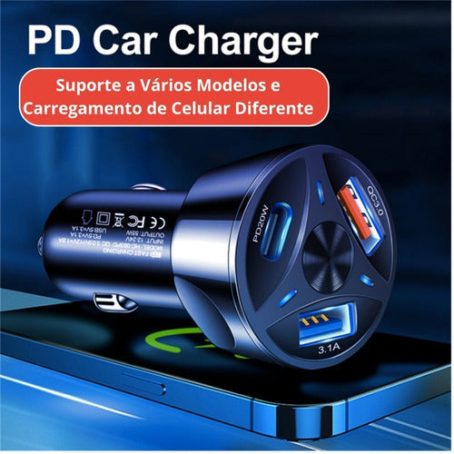 Carregador Automotivo Turbo 3 Entrada Usb 3.0/3.1/tipo-c Top