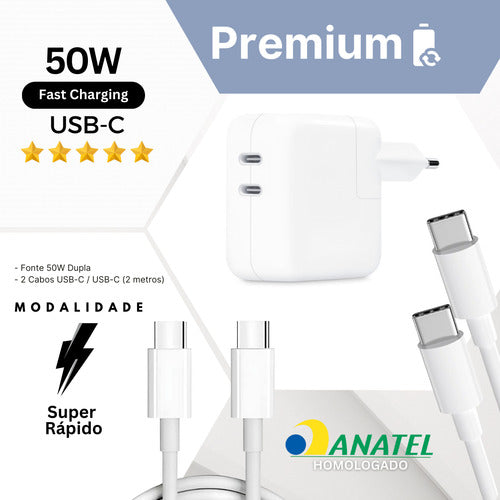 Carregador Duplo 50w Usb C + 2 Cabos 2m Samsung Motorola